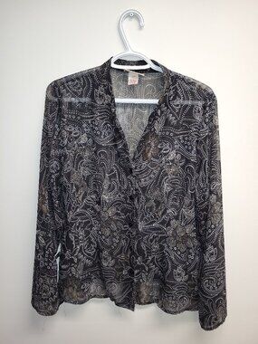 Carroll Reed Sheer Paisley Floral Blouse Women's Large Black Made in Canada